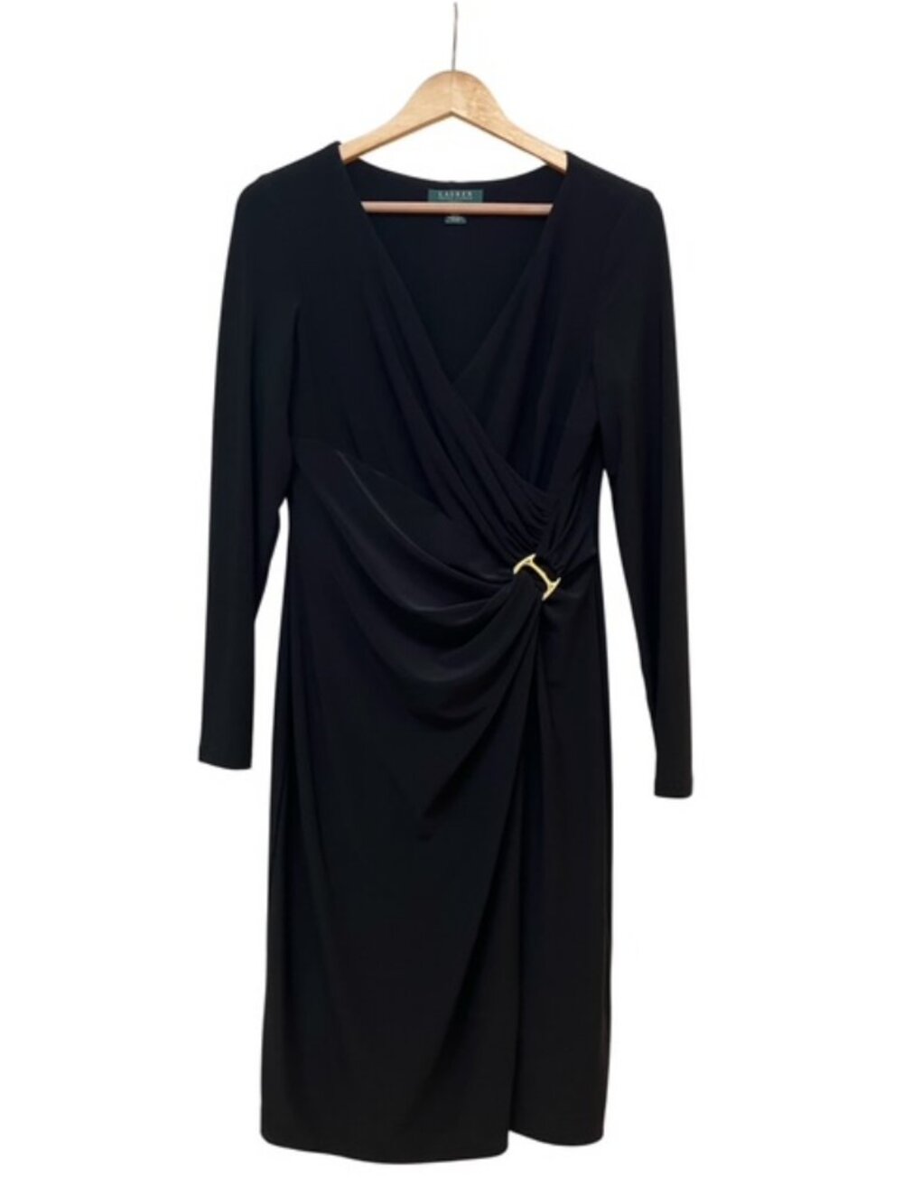 Lauren Ralph Lauren Black Long Sleeve Faux Wrap Dress Gold Buckle size 10